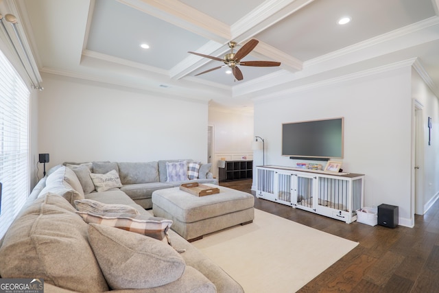 4043 Gramercy Dr, Valdosta, GA 31605 - living area featuring a ceiling fan, dark wood-style flooring, beamed ceiling, ornamental molding, and coffered ceiling