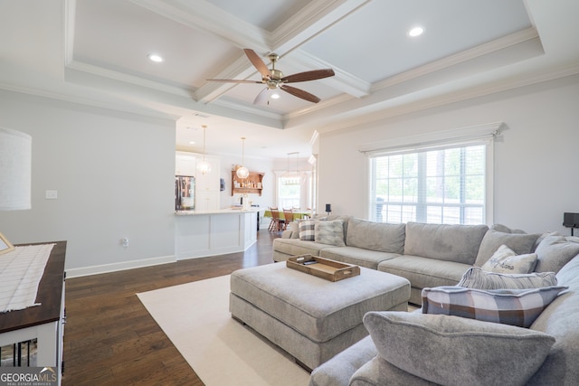 4043 Gramercy Dr, Valdosta, GA 31605 - living room with a ceiling fan, crown molding, beam ceiling, dark wood-style flooring, and coffered ceiling
