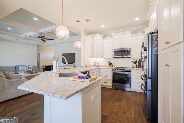 4043 Gramercy Dr, Valdosta, GA 31605 - kitchen featuring appliances with stainless steel finishes, a sink, open floor plan, a peninsula, and crown molding