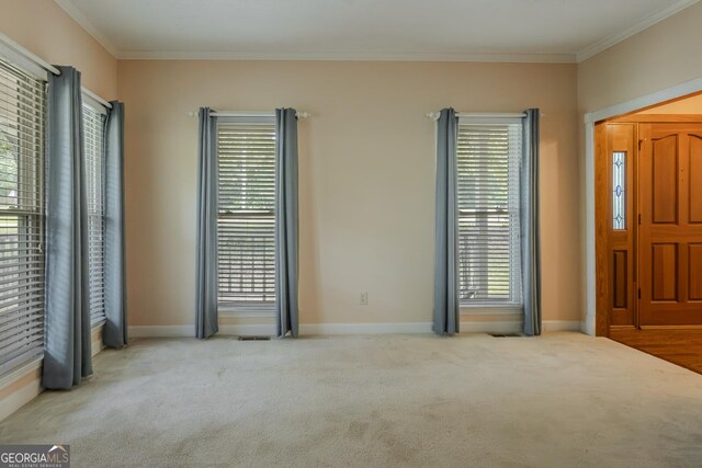 carpeted entryway with ornamental molding and baseboards