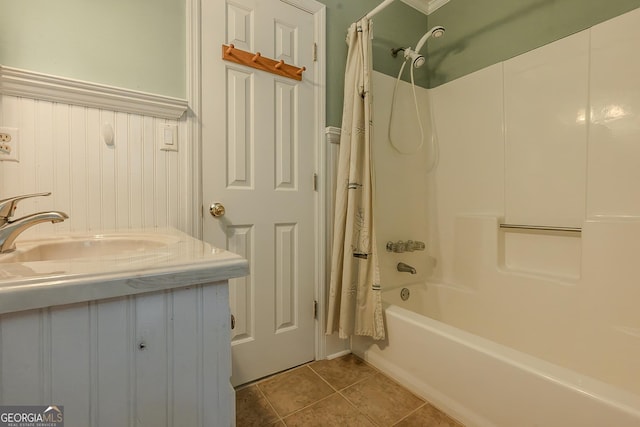 full bath featuring shower / bath combination with curtain, tile patterned flooring, and vanity