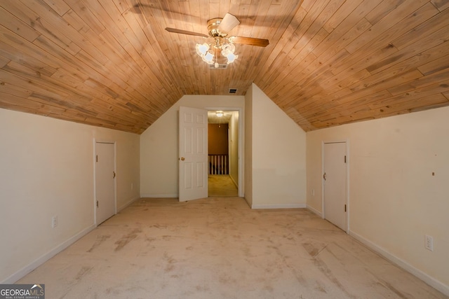additional living space featuring a ceiling fan, carpet floors, lofted ceiling, wooden ceiling, and baseboards