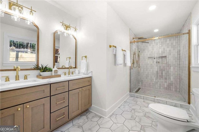 380 Atwood Dr NW, Marietta, GA 30064 - bathroom featuring toilet, a shower stall, recessed lighting, double vanity, and tile patterned floors