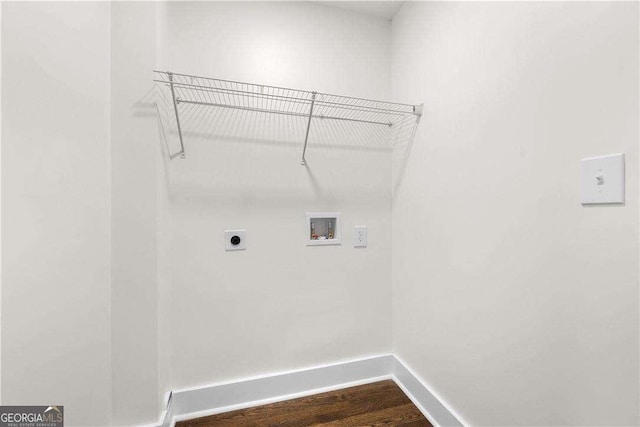380 Atwood Dr NW, Marietta, GA 30064 - washroom with hookup for an electric dryer, hookup for a washing machine, baseboards, and dark wood finished floors