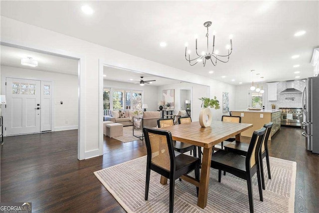 380 Atwood Dr NW, Marietta, GA 30064 - dining space featuring dark wood-type flooring, recessed lighting, a chandelier, baseboards, and a ceiling fan