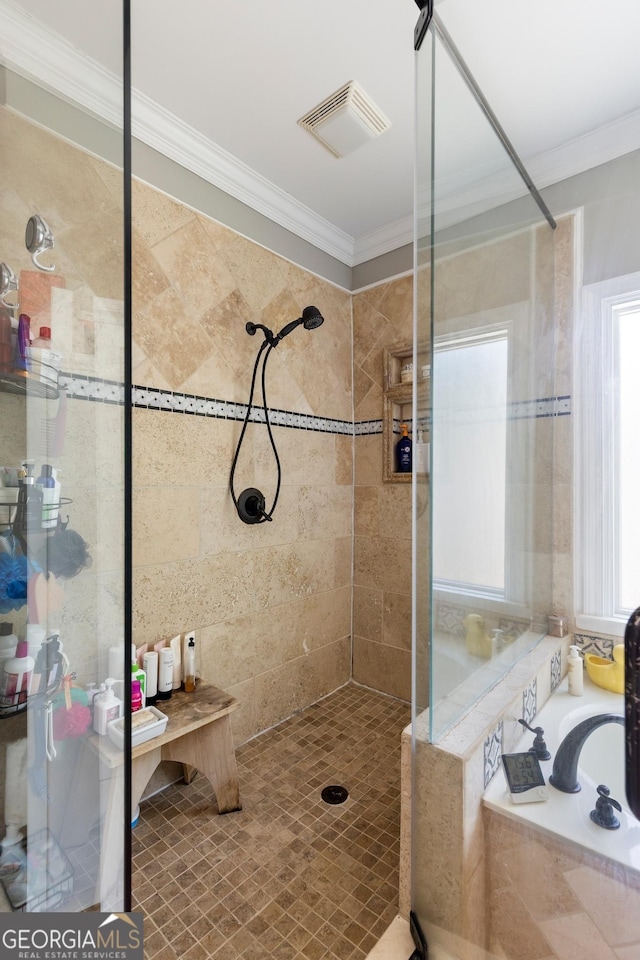 1029 Laurel Grove Cts, Suwanee, GA 30024 - full bath with crown molding, tiled shower, and a garden tub