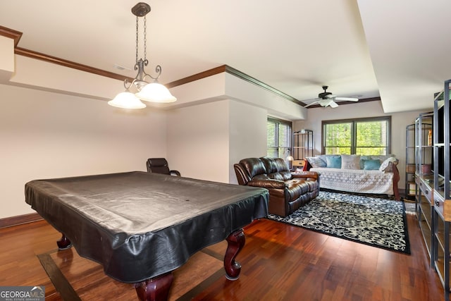 1029 Laurel Grove Cts, Suwanee, GA 30024 - rec room featuring wood finished floors, a ceiling fan, ornamental molding, pool table, and baseboards