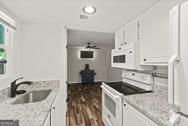 111 Northdale Pl, Lawrenceville, GA 30046 - kitchen with white appliances, a sink, dark wood-type flooring, ceiling fan, and white cabinetry