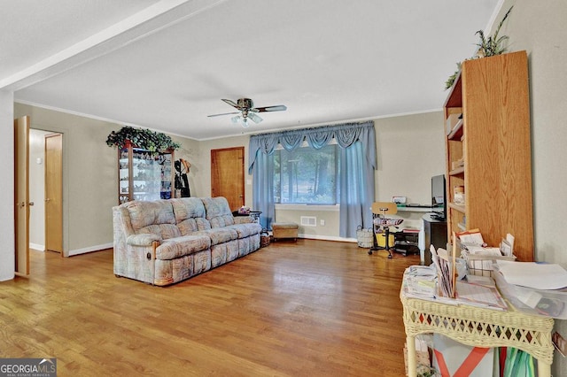 200 Dogwood Dr, Canton, GA 30114 - living area with wood finished floors, crown molding, a ceiling fan, a desk, and baseboards