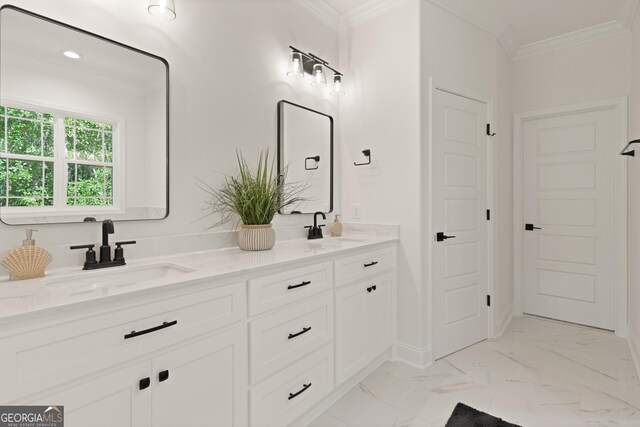 108 Branch Creek Rd, Woodbine, GA 31569 - full bathroom with marble look tiles, ornamental molding, and double vanity