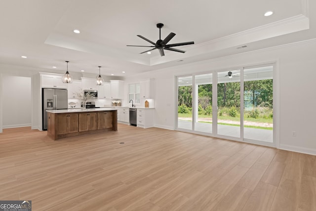 108 Branch Creek Rd, Woodbine, GA 31569 - kitchen featuring a tray ceiling, a ceiling fan, light countertops, open floor plan, and recessed lighting