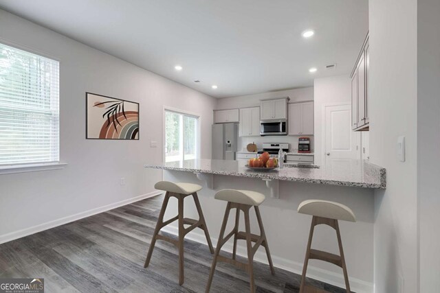 201 Ellie Way, Savannah, GA 31419 - kitchen featuring stainless steel appliances, a peninsula, a breakfast bar, light stone counters, and recessed lighting