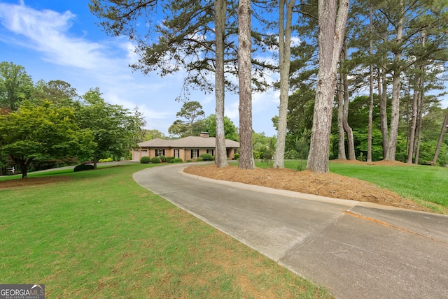 view of front of home featuring curved driveway, a front yard, and a chimney