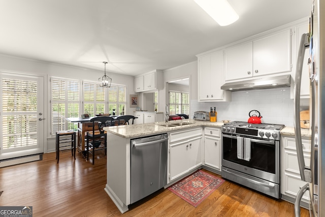 kitchen with appliances with stainless steel finishes, under cabinet range hood, a sink, a peninsula, and decorative backsplash