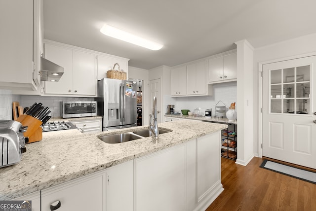 kitchen featuring stainless steel appliances, exhaust hood, a peninsula, a sink, and dark wood-style flooring