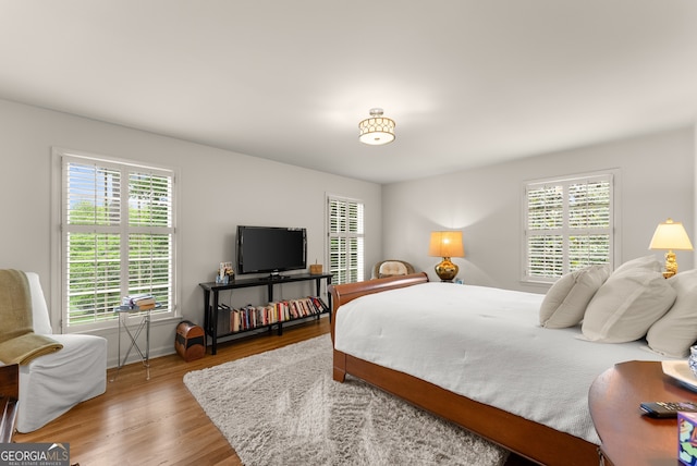 bedroom featuring multiple windows, wood finished floors, and baseboards