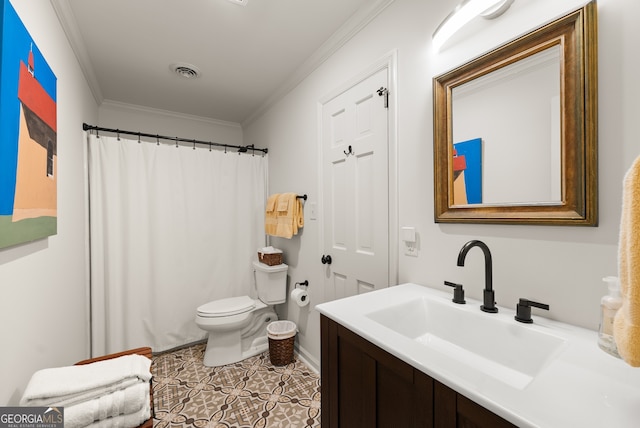 bathroom featuring ornamental molding, toilet, vanity, a shower with shower curtain, and tile patterned floors