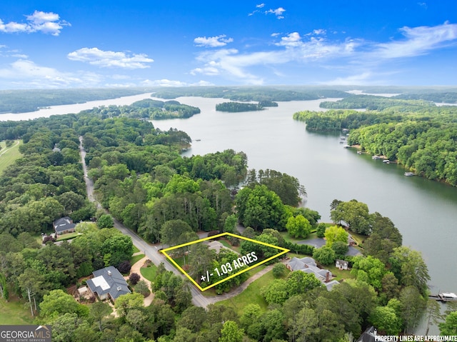 view of property location featuring a large body of water, property boundaries highlighted, and a forest