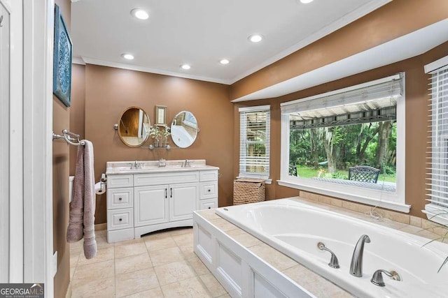 bathroom with crown molding, a garden tub, vanity, recessed lighting, and tile patterned flooring