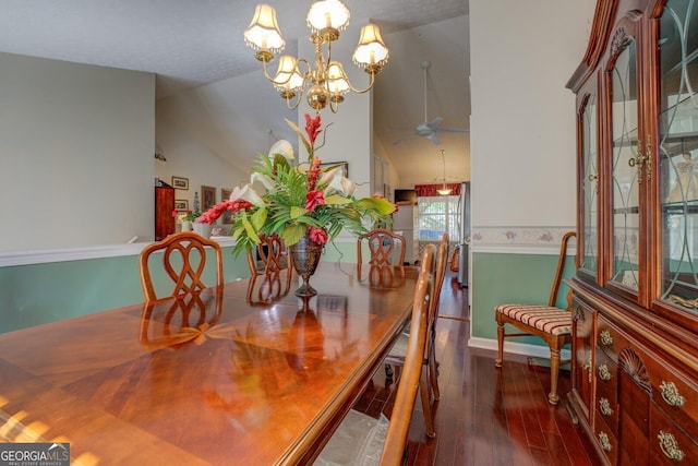 3870 Michaels Creek Ct, Loganville, GA 30052 - dining area featuring wood-type flooring, a chandelier, ceiling fan, baseboards, and lofted ceiling