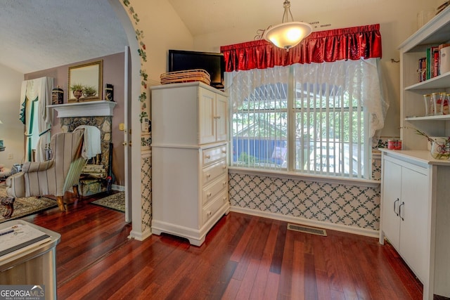 3870 Michaels Creek Ct, Loganville, GA 30052 - dining space featuring vaulted ceiling, dark wood-type flooring, baseboards, arched walkways, and a stone fireplace