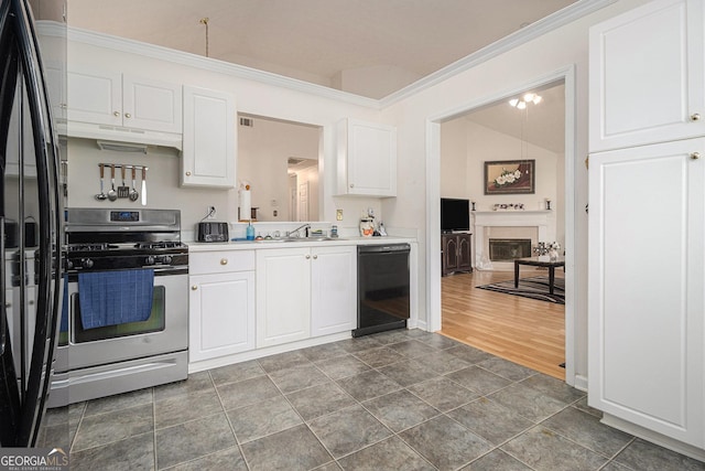 643 Lora Smith Rd, Newnan, GA 30265 - kitchen featuring black appliances, under cabinet range hood, crown molding, white cabinetry, and a sink
