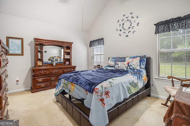 643 Lora Smith Rd, Newnan, GA 30265 - bedroom featuring light carpet, baseboards, and high vaulted ceiling
