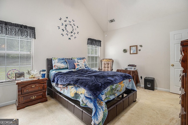 643 Lora Smith Rd, Newnan, GA 30265 - bedroom with light colored carpet, baseboards, and high vaulted ceiling