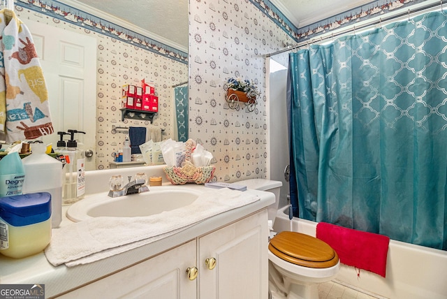 643 Lora Smith Rd, Newnan, GA 30265 - bathroom featuring shower / bath combination with curtain, vanity, wallpapered walls, ornamental molding, and toilet