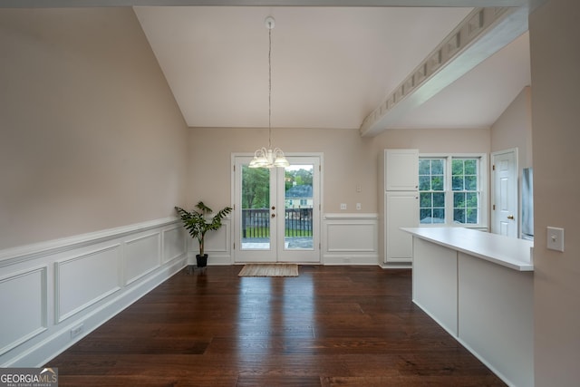 102 Peaceful Vw, Acworth, GA 30102 - unfurnished dining area featuring vaulted ceiling, a decorative wall, dark wood-style flooring, wainscoting, and french doors