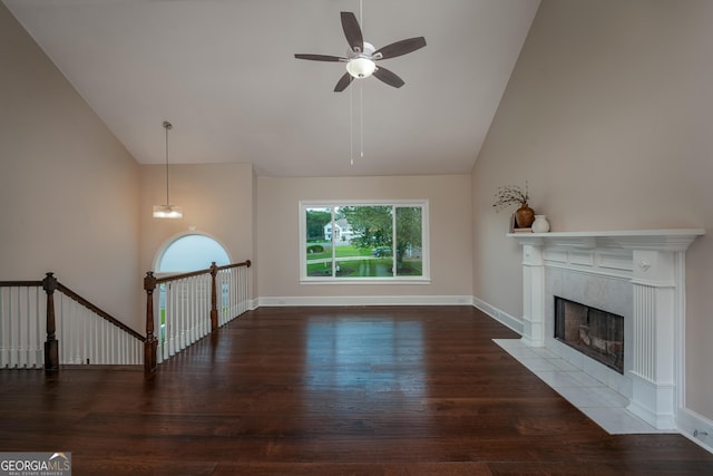 102 Peaceful Vw, Acworth, GA 30102 - unfurnished living room featuring wood finished floors, high vaulted ceiling, a fireplace, and ceiling fan