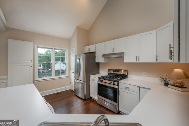 102 Peaceful Vw, Acworth, GA 30102 - kitchen featuring stainless steel appliances, under cabinet range hood, light countertops, dark wood-type flooring, and white cabinetry