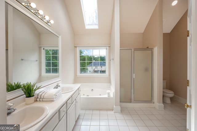102 Peaceful Vw, Acworth, GA 30102 - bathroom with lofted ceiling, a whirlpool tub, a shower stall, double vanity, and tile patterned floors