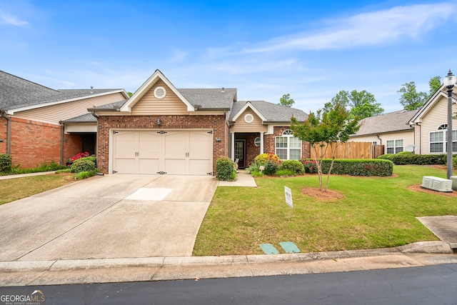 view of front of home featuring brick siding, an attached garage, concrete driveway, and a front lawn