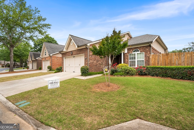 view of front of home with brick siding, driveway, a garage, and a shingled roof