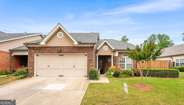 traditional home with driveway, a garage, brick siding, and roof with shingles