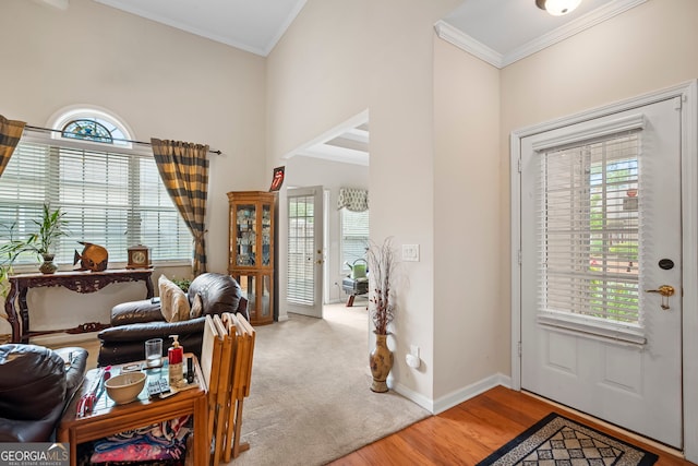 entrance foyer with crown molding, light wood finished floors, baseboards, and a high ceiling