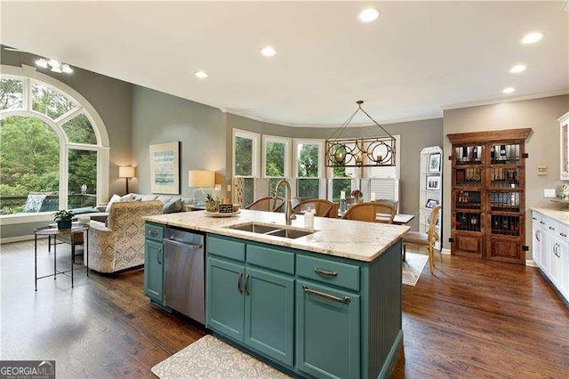 kitchen with dishwasher, a sink, dark wood-style flooring, ornamental molding, and recessed lighting
