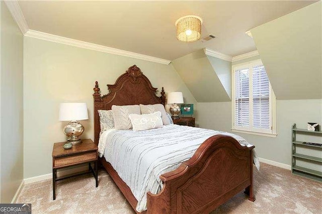 bedroom featuring baseboards, ornamental molding, and carpet flooring