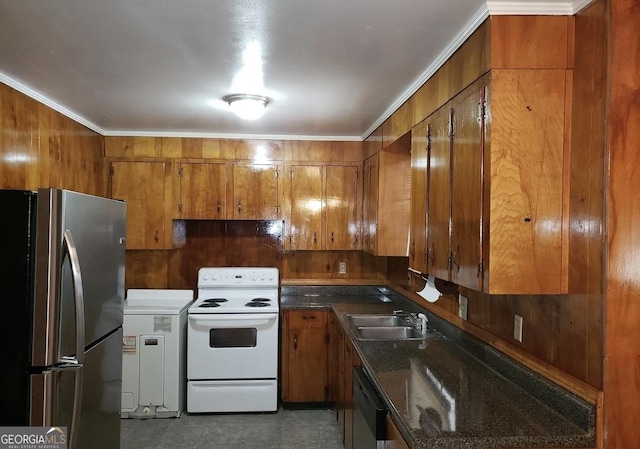 2227 Robin Hood Rd, Macon, GA 31206 - kitchen featuring freestanding refrigerator, white electric range oven, a sink, brown cabinets, and dark countertops
