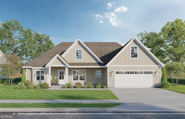 view of front of property featuring roof with shingles, concrete driveway, a front lawn, board and batten siding, and an attached garage