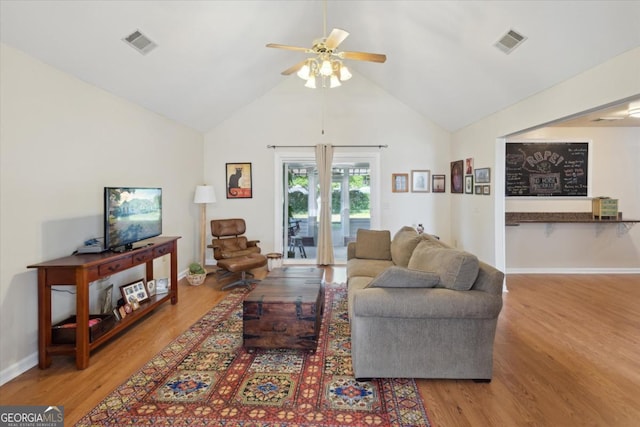 2507 Wateringhole Ct, Statesboro, GA 30458 - living room featuring ceiling fan, wood finished floors, lofted ceiling, and baseboards