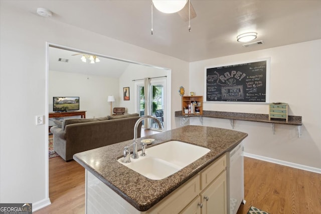 2507 Wateringhole Ct, Statesboro, GA 30458 - kitchen featuring ceiling fan, a sink, light wood finished floors, dishwasher, and open floor plan