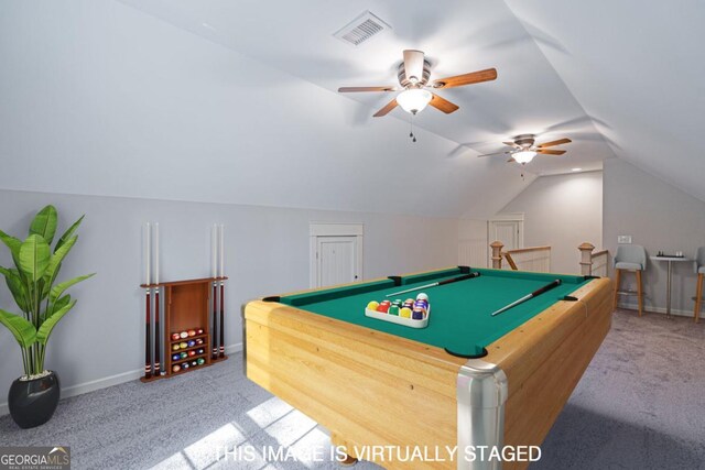 1443 Ebenezer Rd, Rincon, GA 31326 - recreation room featuring carpet floors, a ceiling fan, vaulted ceiling, and baseboards