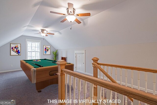 1443 Ebenezer Rd, Rincon, GA 31326 - game room with carpet flooring, lofted ceiling, a ceiling fan, billiards table, and baseboards