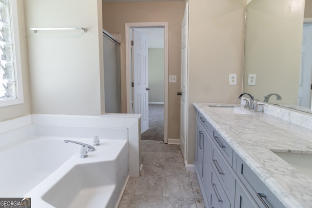 5339 Biffle Downs Rd, Stone Mountain, GA 30088 - bathroom with a bath, double vanity, and a shower with door