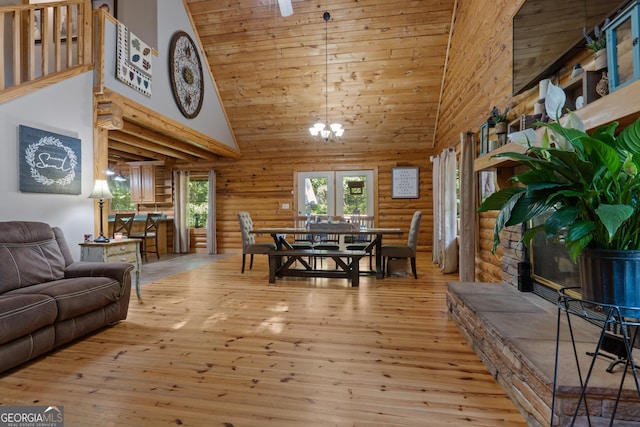 living area with log walls, high vaulted ceiling, hardwood / wood-style flooring, wooden ceiling, and a chandelier