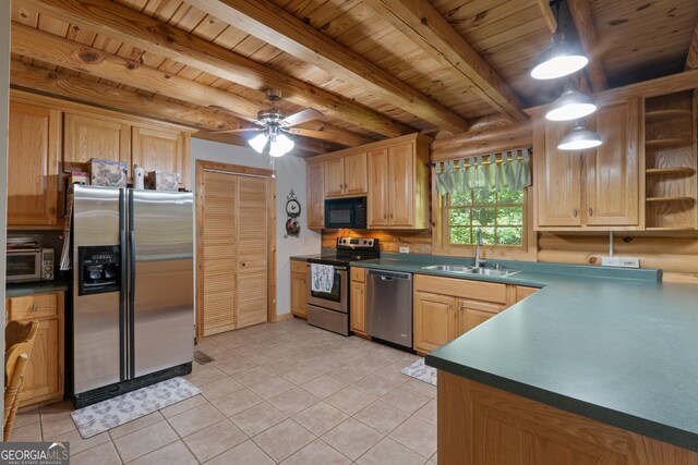 kitchen with stainless steel appliances, a sink, wood ceiling, dark countertops, and light tile patterned floors