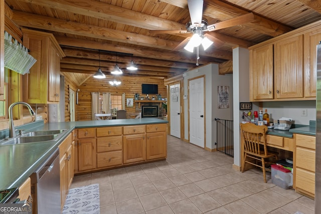 kitchen featuring wood ceiling, a sink, stainless steel dishwasher, a fireplace, and light tile patterned flooring