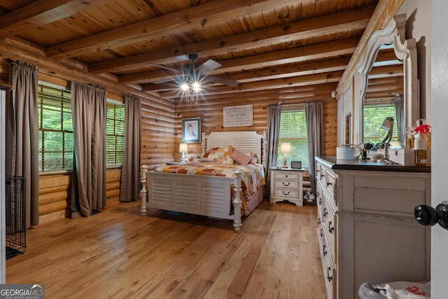 bedroom featuring rustic walls, wood ceiling, light wood-type flooring, beam ceiling, and multiple windows